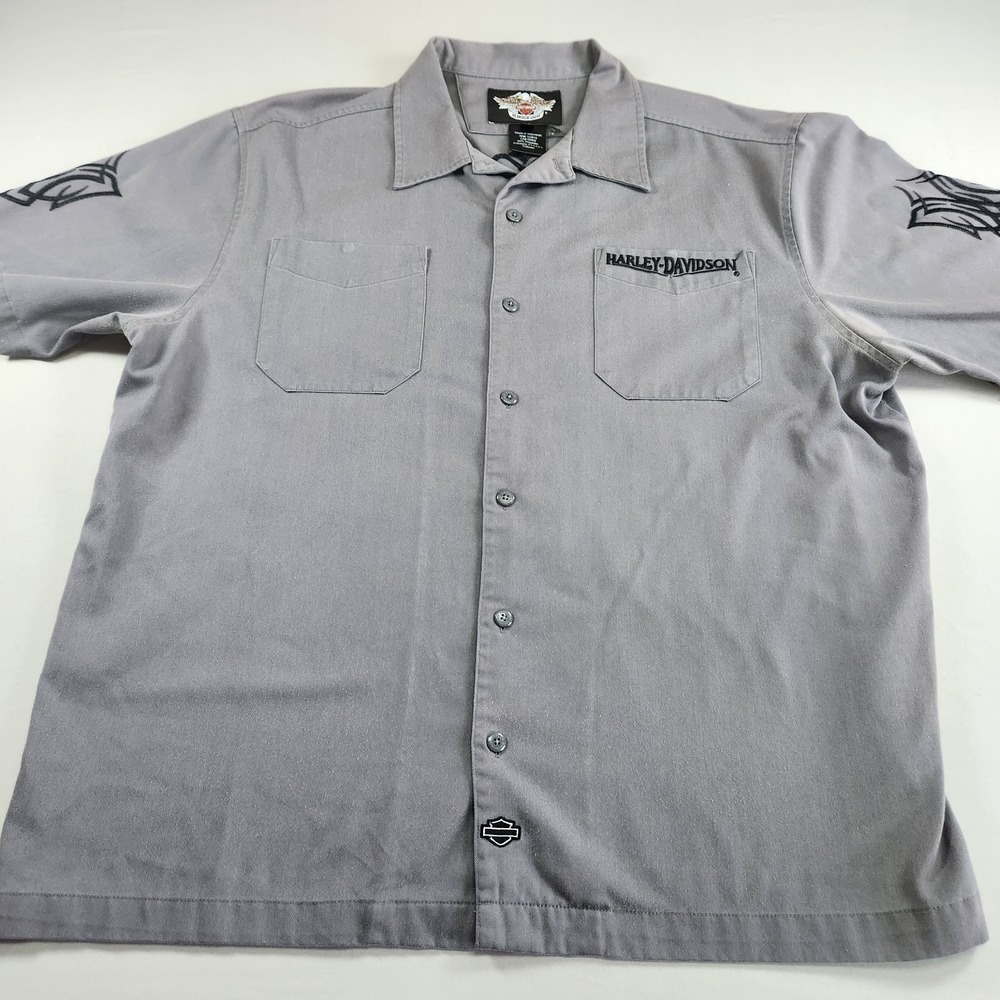 Harley-Davidson Gray Garage Mechanic Biker Button-up Shirt Sz XL Graphic
